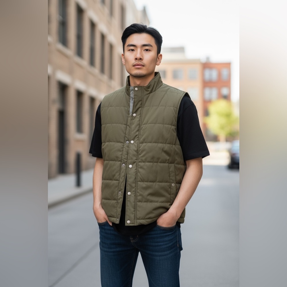 Micheal‎ Stars Quilted Nylon Vest Army Green M Men Sleeveless Fall NWT College